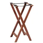 image of American Metalcraft WTSW32 Tray Stand – 17" Wide x 31" High, Walnut Wood with Brown Frame, Black Nylon Folding Straps