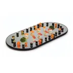 image of Lakeside 2264 Mirror Tray Oval 16" x 32" Glass with Wood Backing, Edges, 9" Legs, Made in USA