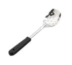 image of Browne USA 5763 Perforated 13" Serving Spoon, 3‑Sided Stainless Steel, Black Handle, Hanging Hole