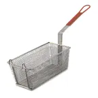image of Browne USA 79216 Fryer Basket - 13"×6.5"×5" Nickel‑Plated Steel Basket, Red Handle, Medium Mesh
