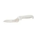 image of Mercer M18134 Bread Knife, 6" Stamped Japanese Steel, White Plastic Handle, Wavy Edge, Finger Guard