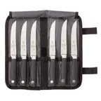 image of Mercer M21920 7-Piece Steak Knife Set, 6x5" Serrated Steel Blades, Santoprene Handles, NSF - 7/Roll
