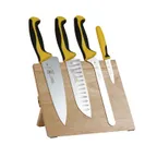 image of Mercer M21980YL - 5-Piece Board, Yellow Handles, Steel, 8" Chef, 7" Santoku, 3-1/2" Par, 8" Bread Knife