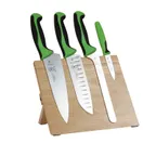 image of Mercer M21981GR Magnetic Board Set: 8" Chef, 7" Santoku, 3-1/2" Paring, 8" Bread, Steel, Green, NSF