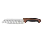 image of Mercer M22707BR- 7" Brown Santoku Knife, Steel Blade with Granton Edge, Santoprene/Poly Handle, NSF