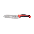 image of Mercer M22707RD - 7" Red Santoku Knife, High‑Carbon Steel, Granton Edge, Santoprene Handle, NSF