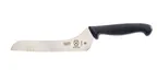 image of Mercer M23885 Bread Knife, 7" Offset Wavy Edge, Stamped High-Carbon Steel, Black Non-Slip Handle