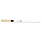 image of Mercer M24012 Sashimi Knife – 12" Stamped Carbon Steel Blade, Wood Handle, 6°/15° Angle, Smooth Edge