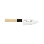 image of Mercer M24204 - Asian Deba Knife, 4" Stamped Carbon Steel Blade, Single Edge 6°/15° Cut, Wood Handle