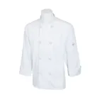image of Mercer M60012WHXS Chef Coat, XSmall White, Long Sleeve, 65/35 Poly‑Cotton Twill, 8 Knot Buttons