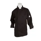 image of Mercer M60022BKM Chef Jacket, Medium Black, 65/35 Poly‑Cotton Twill, 8 Knot Buttons, Shoulder Pocket