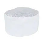image of Mercer M60070WH Baker's Skull Cap, White 65/35 Poly/Cotton Twill, Mesh Top, Velcro Closure- Chef Hat