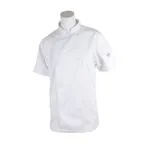 image of Mercer M61032WHM Women's Chef Jacket, Medium White Short‑Sleeve, 65/35 Poly‑Cotton Twill