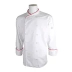 image of Mercer M62015WRXS Chef Coat – XS White Men Long Sleeve Poly/Cotton, Piping, 12 Btns, Earbud Opening