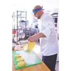 image of Mercer M62020WRBXS Chef Coat – XSmall White 65/35 Poly‑Cotton Twill, Long Sleeve, Royal Blue Piping