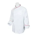 image of Mercer M62045WR2X Women’s Chef Jacket 2X White Poly/Cotton Twill, Long Sleeve, Buttons, Red Piping