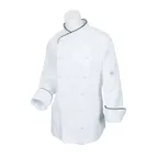image of Mercer M62050WBL Women's Chef Jacket Large White 65/35 Poly/Cotton Twill Long Sleeve Black Piping