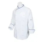 image of Mercer M62050WRBXXS Women's Chef Coat – XSmall White Poly/Cotton Twill, Sleeve, Scoop Neck, Piping