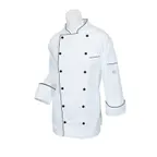 image of Mercer M62095WBL Womens Chef Coat, Large White, Long Sleeve, Poly/Cotton, Black Button Front, Piping
