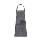 image of Mercer M63200BKD Metro Edge Bib Apron, 30.75" x 34.25" with 43" ties, black 100% cotton denim, pockets, leather holder