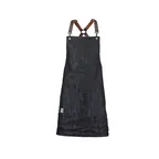image of Mercer M63208DENBR Bib Apron – 25" x 30½" black cotton denim, leather straps, metal closures, 5 pockets, adjustable