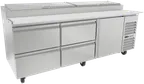 image of Asber APTP93 93" 3-Section Refrigerated Pizza Prep Table w/ 1 Door, 4 Drawers, 12 Pans