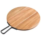image of TableCraft 10081 - Serving Paddle, 14" Round Acacia Wood Tray, Light Brown, 18-7/8" OAL