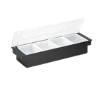 image of TableCraft 103 4-Compartment Bar Condiment Holder, 19-1/2" x 6" x 4-1/4", Black ABS, 1-1/2 Inserts