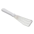 image of TableCraft 10944 Stainless Steel Fish Turner, 6" x 2-7/8" x 5/8", White Plastic Handle, Dishwasher Safe