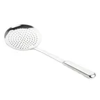 image of TableCraft 11637 Skimmer – 14.5" x 4.25" x 1.75", 4" Bowl, Stainless Steel, Perforated Round Handle