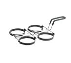 image of TableCraft 1240 Egg Ring - 4 Nonstick 4" Rings, 9-1/2" x 15-1/2" Nickel-Plated Frame, Black Handle