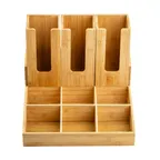 image of TableCraft 12689 - 9-Section Condiment Organizer, 15" x 14" x 7.5", Coated Bamboo, 3 Cup Holders