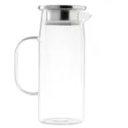 image of TableCraft Products 12901 - 34oz Glass Pitcher, 5-1/4" x 3-1/2" x 8-3/4", Stainless Steel Lid