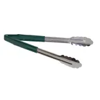 image of TableCraft Products 3712GEU Utility Tongs, 12" Vinyl-Coated Green Spring Steel, Dishwasher Safe