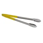 image of TableCraft Products 3716YEU Tongs, 16" Yellow Vinyl‑Coated Spring Steel Dishwasher‑Safe 14‑16" Grip
