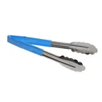 image of TableCraft 3774BLEU Utility Tongs - 9-1/2" Vinyl-Coated Spring Steel, Blue, Dishwasher Safe