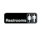 image of TableCraft Products 394517 Restrooms Compliance Sign, 3" x 9", White on Black Plastic Adhesive