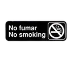 image of TableCraft Products 394589 No Smoking Sign, 3" x 9", White on Black, Plastic, Adhesive Backing