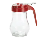 image of TableCraft 406RE Syrup Pourer, 6oz Teardrop Glass Jar, Red ABS Top, Dishwasher Safe - Dozen
