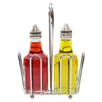 image of TableCraft Products 600ST Oil & Vinegar Cruet Set, 2 6 oz Glass Bottles, Steel Tops, Rack - Set
