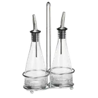 image of TableCraft 611N Oil & Vinegar Cruet Set, 2×6oz Clear Glass Bottles, Chrome Plated Rack, Steel Pourers