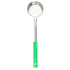 image of TableCraft Products 7704 - 4oz Perforated Portion Control Spoon, Stainless Steel, Green Handle