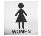 image of TableCraft Products B11 - 5" x 5" Women Restroom Sign, Stainless Steel, Pressure Sensitive Adhesive