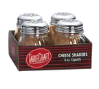 image of TableCraft C260-4 Cheese & Spice Shaker, 6-9 oz Glass Jar, Perforated Chrome Top, Metal Lid, 4/Pack