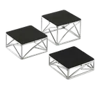 image of TableCraft Products CR3 3-Piece 6"x6" Square Risers, 2",3",4" Heights, Chrome Metal, Non-Slip Rubber - Set