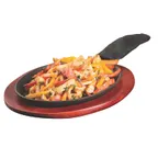 image of TableCraft FSR3 Sizzle Platter Set - 10" Oval Cast Iron Plate, Wood Liner, Glove, 16"x9"x1-5/8"