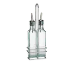 image of TableCraft H9085N Oil & Vinegar Cruet Set, 2×8-oz Green Tint Glass Bottles, Pourer, Chrome Rack