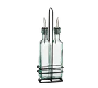image of TableCraft H9085NBK Oil & Vinegar Cruet Set – 2×8‑oz Green Glass Bottles, Pourer, Metal Rack - 2/Set