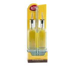image of TableCraft H916N Oil & Vinegar Cruet Set - 2x16oz Green Tint Glass, Steel Pourer, Chrome Rack - 2/Set