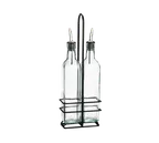 image of TableCraft H916NBK Oil & Vinegar Cruet Set - 2x16oz Green Glass Bottles, Steel Pourer, Chrome Rack